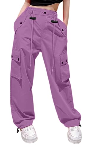 Image of HENGAO Girls Cargo Pants Parachute Casual Jogger Y2K 5-14 Years | Kids Baggy pants Parachute, Drawstring, with Pockets, Elastic High Waist, Loose Trousers Streetwear