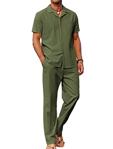 COOFANDY Men 2 Piece Linen Outfit Set Button Up Loose Shirt Elastic Waist Baggy Pants Suit
