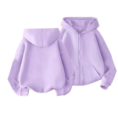 VYLYNL Mädchen auf Mantel, Jungen und Mädchen, mittlere und große Kinder, Herbst und Winter, dünn, modisch, einfarbig, Kapuzenpullover, Reißverschluss, Jacke für Mädchen, Größe 8, violett, 9-10 Years