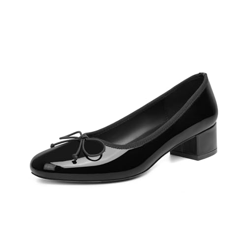 Vertundy Women's Black Round Toe Ballet Pumps Low Chunky Block Heel Flats