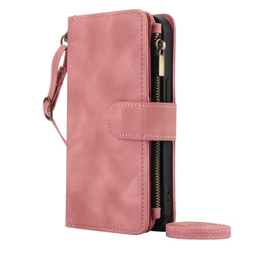 Étui compatible avec Google Pixel 6 Pro rose housse portefeuille cuir bandoulière