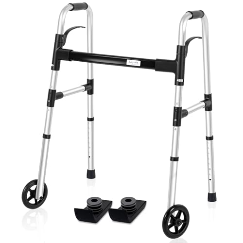 Folding-Walker-with-2-Skis-and-5-Wheels-Lightweight-Walkers-for-Seniors-and-Adults-Supports-Up-to-350-Pounds-Adjustable-Height-Compact-Standard-Walker-Black