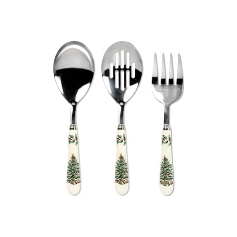 Spode Christmas Tree 3-Piece Stainless Steel Cutlery Set - Porcelain Handle Flatware with Meat Fork, Serving Spoon, and Slotted Spoon - Holiday Silverware for Christmas Dinners & Seasonal Gatherings Cover
