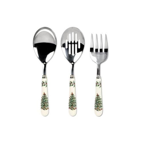 Spode Christmas Tree 3-Piece Stainless Steel Cutlery Set - Porcelain Handle Flatware with Meat Fork, Serving Spoon, & Slotted Spoon - Holiday Silverware for Christmas Dinners & Seasonal Gatherings