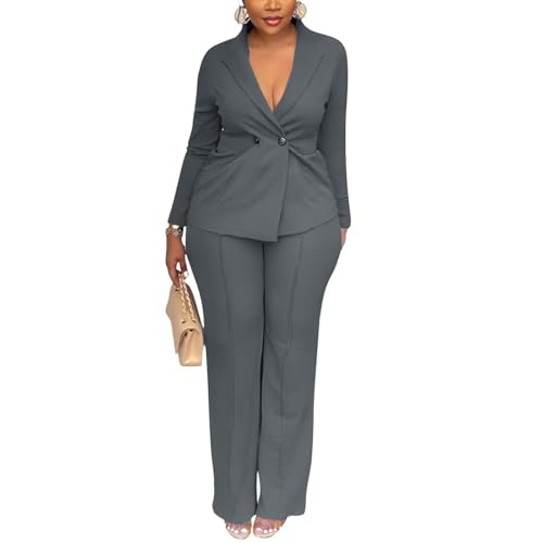 Kafiloe Women Double Breasted Blazer Pants Suit 2 Piece Outfits Casual Long Sleeve Blazer Set for Work Business Grey 2XL - Thumbnail 2