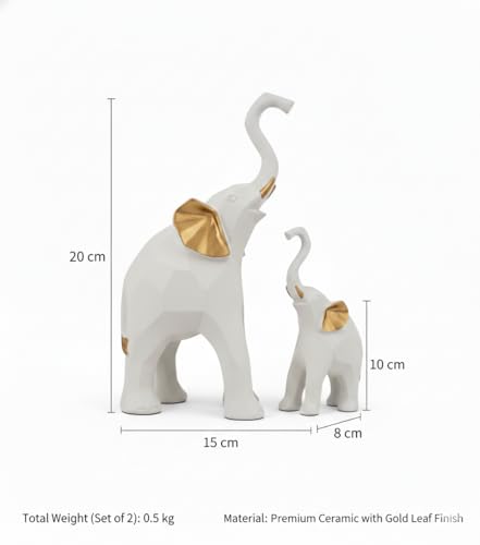 Image of Decorative Elephant Figurines, Resin, 20 cm Height, Set of 2, Standing Statues Geometric Showpiece for Home Decor | Housewarming Gift (White Elephant)