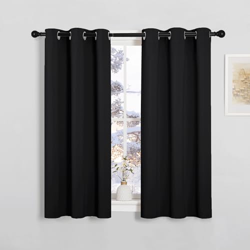 PONY DANCE Short Blackout Thermal Insulated Curtains for Bedroom Small Room Darkening Energy Saving Privacy Curtains & Drapes for Kitchen, W 34 x L 45, 2 Panels, Black