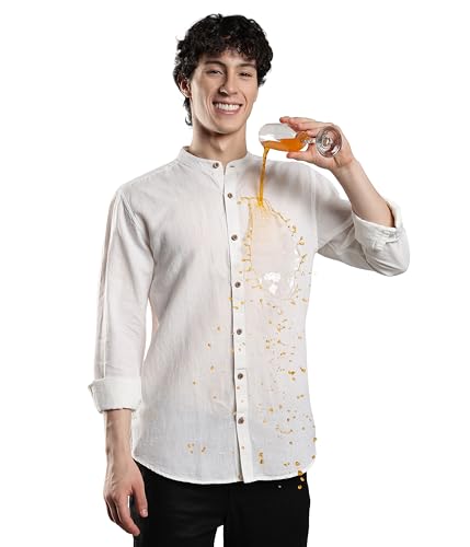 Image of TURMS Men's Casual Solid Linen Shirt | Water Repellent | Anti Stain Anti Odor | Kansas Linen | Mandarin Collar | Full Sleeves