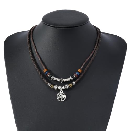 PINK TOWN Bohemian Layered Leather Necklace for Women Men Vintage Butterfly Tree of Life Tooth Pendant Necklace Adjustable Boho Wooden Beads Braided Necklace Ethnic Style Jewelry3