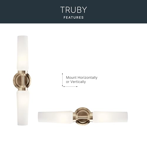 Image of Kichler Truby 2-Light Bathroom Vanity Light Fixture with Satin Etched Cased Opal Glass in Champagne Bronze, Modern Art Deco Wall Sconce for Mirror (20.75 in x 4.5 in), 55074CPZ