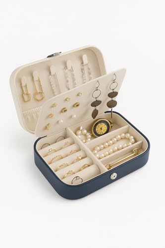 Image of Lazer Accessories Jewellery Organiser PU Leather Zipper Portable Storage Box Case with Dividers Container for Rings, Earrings, Necklace Home Organizer | Navy Blue