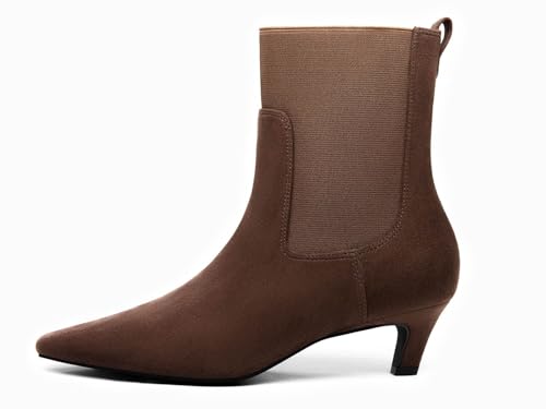 Coutgo Womens Ankle Boots Low Kitten Heel Pointed Toe Slip On Elastic Dressy Fall Winter Booties Shoes2