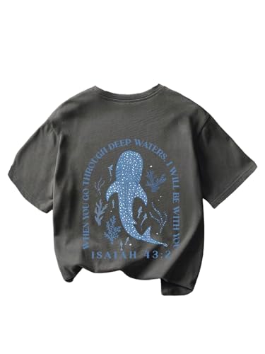 SHENHE Girl's Summer Graphic Tee Whale Shark Ocean Beac T Shirt Crewneck Short Sleeve Top