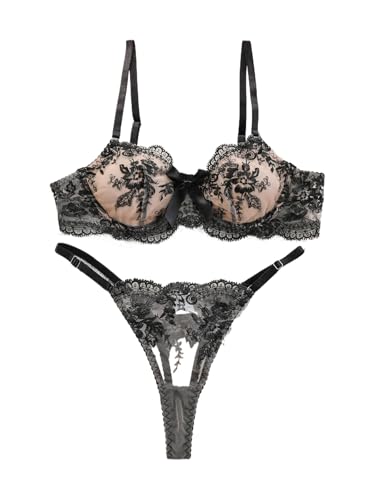 Image of Sexy Floral Embroidered Flower Mesh Underwire Push Up Lingerie Set