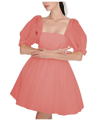 Tulle Homecoming Dresses for Teens Coral Puffy Short Sleeves Short