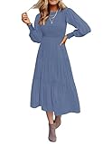 ZESICA Women's 2023 Casual Long Sleeve Crew Neck High Waist Smocked Flowy Tiered Midi Dress,Dustyblue,Large