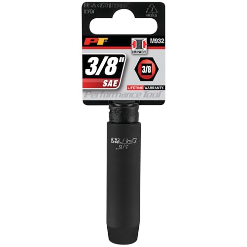 Image of Performance Tool M932 3 /8 in. Drive 3 /8 in. Deep Impact Socket | 6-point SAE design with rounded corners for a tighter grip. Drop forged chrome vanadium steel. Large size etching