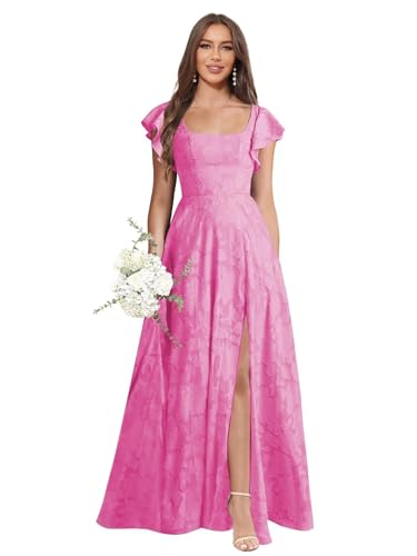 Floral Bridesmaid Dresses Long Square Neck Short Sleeve Formal Evening Gowns with Slit