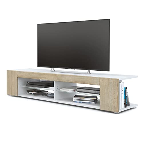 Vladon Mueble TV Movie, Cómoda TV con 4 Compartimentos Abiertos y Franjas Decorativas, Blanco Mate/Roble áspero (134 x 29 x 39 cm)