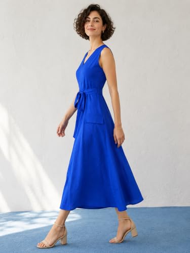 Image of PURVAJA Women's Fit & Flared Midi Length Sleeveless V-Neck Solid Dress