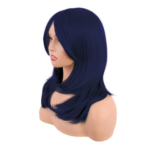 Image of MapofBeauty 20 Inch /50 cm Long Layered With Bangs Straight Synthetic fiber Shoulder Length Hair for Daily Use or Party Wig (Midnight Blue)
