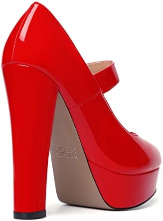 SHOWFOREST Women's Platform Party Round Toe Block Patent 5 Inch Slip On Sexy Adjustable Strap High Heel Pumps Shoes Red Size 8 - Sandalias de Mujer de Tacon Bajo | Image 4