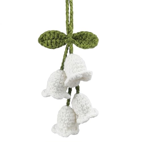 HFZRZFH Car Mirror Hanging Accessories, Lily of The Valley Crochet Flower Car Accessories for Women Interior, Handmade Boho Knitted Plant Ornament Rearview Charm Decor