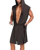VintageClothing Men's Summer Robe with Hooded Lightweight Bathrobe House Kimono Sleeveless Sexy Sleepwear Pajamas, Brown, XL