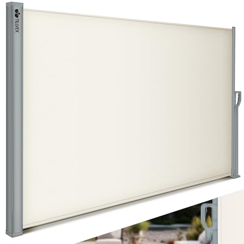 tillvex® Toldo lateral 160 x 300 cm extensible y opaco | Protección visual para balcón, jardín y terraza | Estor lateral con soporte de pared | Protección solar de acero inoxidable | Toldo para
