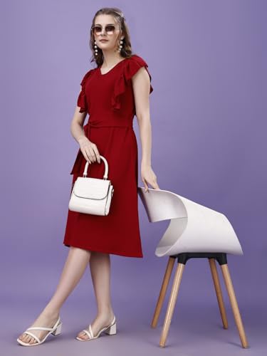 Image of Women's Striped Front Ruffle Trim Belted A-Line Midi Dress Maroon