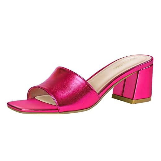 PIZZ ANNU Sandálias femininas quadradas de bico aberto, salto baixo, salto grosso, sem fecho, confortável, casual, sapatos de salto alto, Rosa choque metálico