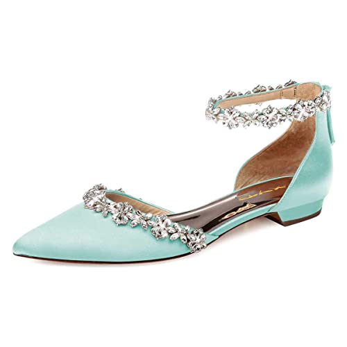 Image of XYD Women Classic Pointed Toe D'Orsay Wedding Flat Sandals Sparkly Rhinestones Ankle Strap Low Heel Dress Shoes with Zipper