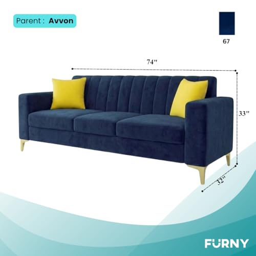 Image of FURNY Alona 3 Seater Fabric Sofa Set (Dark Blue) Premium Velvet Finish Durable & Comfortable| Ideal for Living Room, Offices