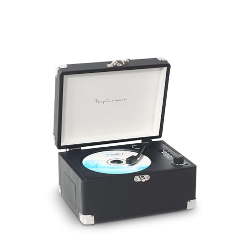 PRIXTON Reproductor de CD Vintage Boogie, Reproductor portátil con Altavoz, Lector de CD Retro, Bluetooth/USB/AUX, Mando a Distancia, Diseño de Maleta, Color Negro