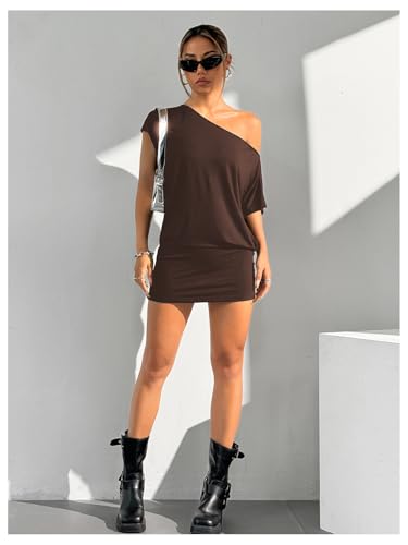 Image of SOLY HUX Women's Off The Shoulder Mini Dress Going Out Asymmetrical Neck Short Sleeve Casual Bodycon T Shirt Dresses