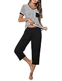Crewhpo Pyjama Femme Été Coton Ensembles de Pyjama à Rayé 2 Pièces Vêtements de Nuit Col en V Pyjama Court Doux T Shirt Manche Courte et Pantalon Capri Noir L