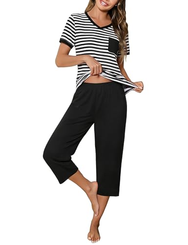 Crewhpo Pijama Mujer Verano Manga Corta Conjunto de Pijamas Algodón 2 Piezas Ropa de Dormir Camiseta de Cuello en V a Rayas y 3/4 Pantalones