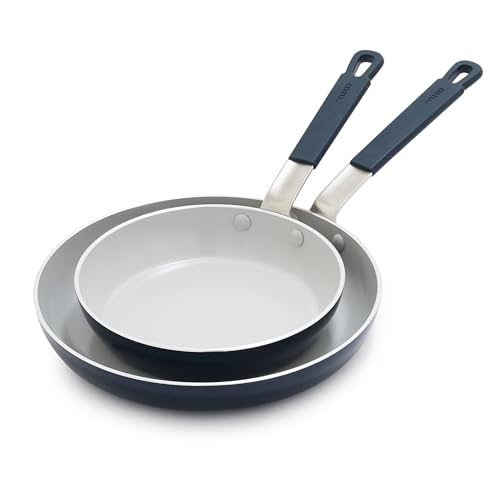 GreenPan x Bobby Flay 2 Piece- 8” and 10” Nonstick Frying Pan Skillet Set, PFAS-Free Diamond Ceramic, Induction Suitable, Stay-Cool Silicone Handle, Easy Clean Dishwasher & Oven Safe, Oxford Blue by GreenPan - Used condition - US$43.05