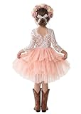 2Bunnies Girl Peony Lace Back A-Line Tiered Tutu Tulle Flower Girl Dress (Pink 3/4 Sleeve Short, 6)