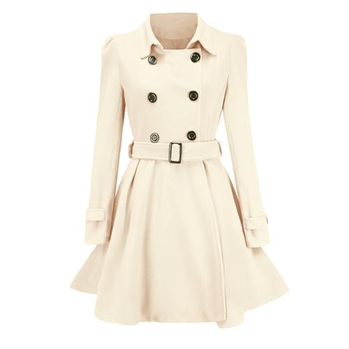 Casual Mujer Invierno cálido mujer botones abrigo de lana gabardina cinturón abrigo prendas de vestir Chaquetas De Pano Mujer (White, XL)