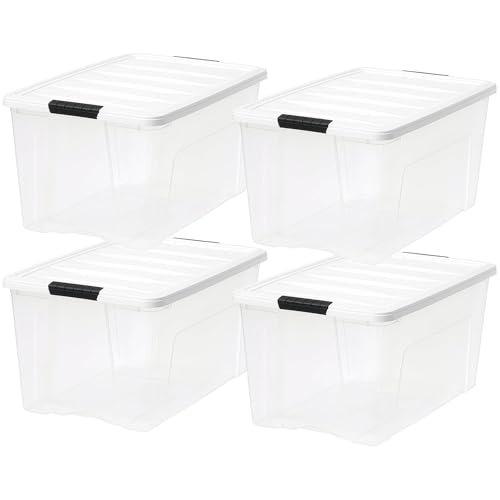 Image of IRIS USA 72 Qt Stackable Plastic Storage Bins with Lids, 8 Pack - BPA-Free, Made in USA - See-Through Organizing Solution, Latches, Durable Nestable Containers, Secure Pull Handle - Clear /White