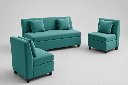 Image of 3+1+1 Modern Velvet Fabric Sofa Set for Living Room | Three Seater Sofa with 2 Single Seater Chairs | for Home, Office| Green