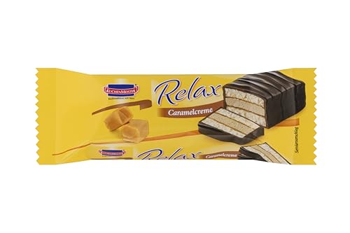 KuchenMeister Relax Caramelcreme Kuchen Riegel 32g | Luftiger Bisquitteig | Zarte Karamellcremefüllung | Knackige Vollmilchschokolade | Perfekter Snack Zwischendurch | 1 x 32g Riegel