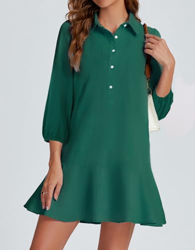 Image of YEXPINE Women Button Down Dress Casual 3 /4 Puff Sleeve Cotton Linen Dress Flowy Ruffle Hem Tunic Shirt Dresses