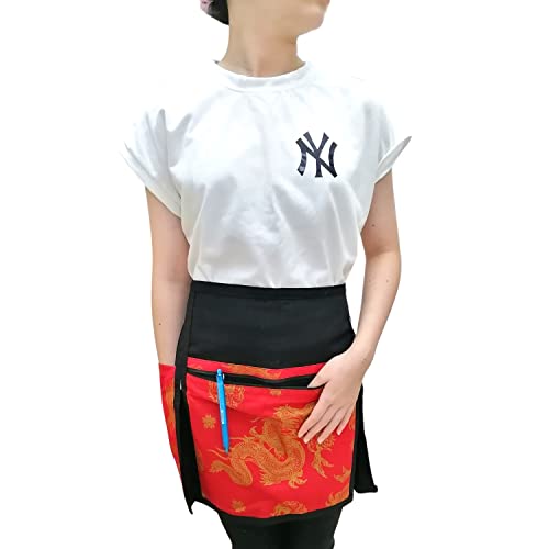 Forever 1 - Chinese Apron With 3 Pockets For Home Kitchen Restaurant Bar, Red, Cooking Aprons For Men Women Chef Waiter Waitress Server Bartender, Half Short Apron, Dragon Pattern, Unique #TOP3