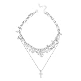 GLEAVI Collar de Doble Capa con Perlas de Imitación y Colgante de Cruz Vertical Gargantilla Moderna para Mujer y Adolescente Joyería Versátil para Boda y Uso Diario