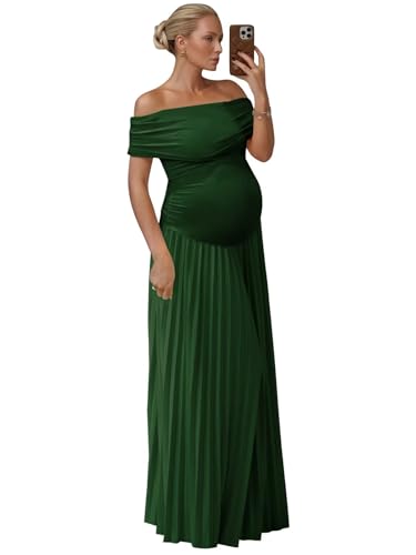 Fivsole Emerald Green Off Shoulder Maternity Dress for Photoshoot Maxi Pleated Baby Shower Dress Soft Long Formal Pregnancy Gowns Photography Satin S