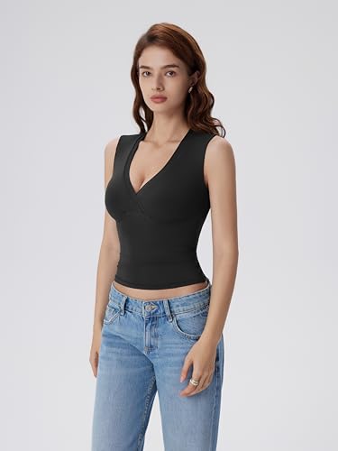 Image of SUUKSESS Women Built in Bra V Neck Tank Tops Double Lined Summer Going Out Camisole Tops