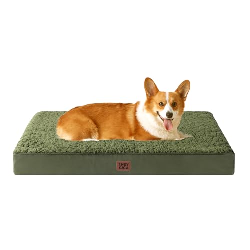 EHEYCIGA Orthopädisches Hundebett Mittelgroße Hunde 89x58x9cm, Hundekissen Waschbar Flauschig,Hundematte Hundematratze für Kiste, Olive Grün