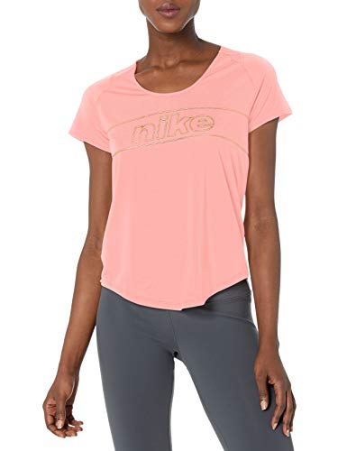 Nike Women's Top Short Sleeve 10k Glam, Bleached Coral/Metallic Gold, Medium